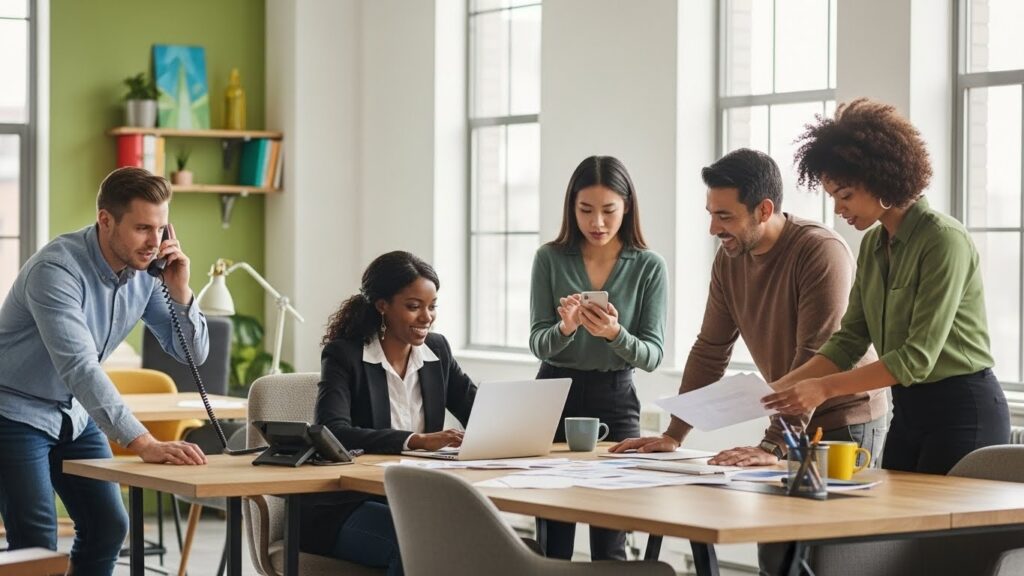 Small Business Team Using SIP PBX Communication Solutions